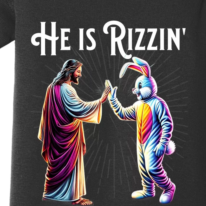 Funny Rizz He Is Rizzin Jesus High Five Easter Bunny Baby Bodysuit