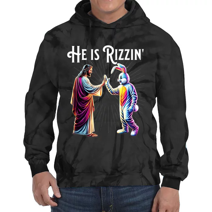 Funny Rizz He Is Rizzin Jesus High Five Easter Bunny Tie Dye Hoodie