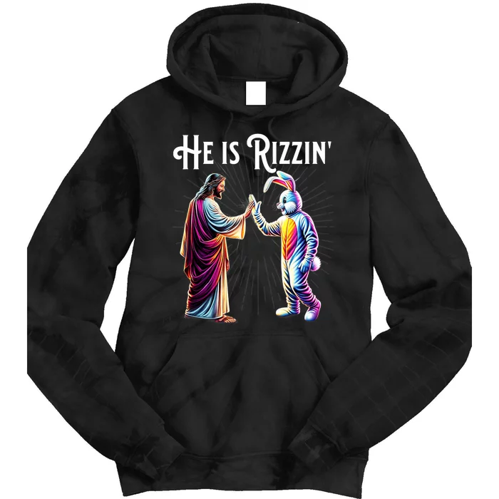 Funny Rizz He Is Rizzin Jesus High Five Easter Bunny Tie Dye Hoodie