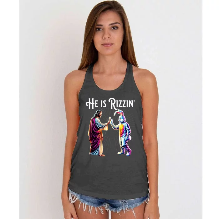 Funny Rizz He Is Rizzin Jesus High Five Easter Bunny Women's Knotted Racerback Tank