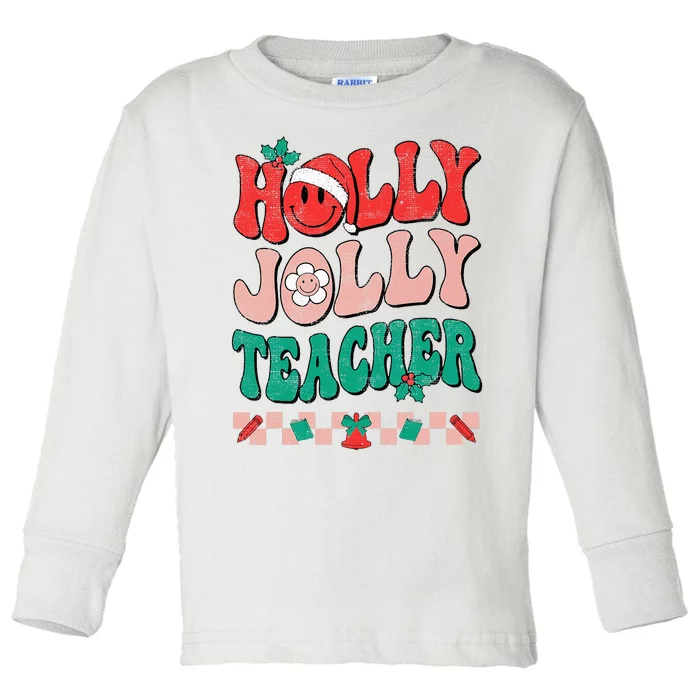 Festive Retro Holly Xmas Teacher Christmas Vibes Holiday Cheer Toddler Long Sleeve Shirt