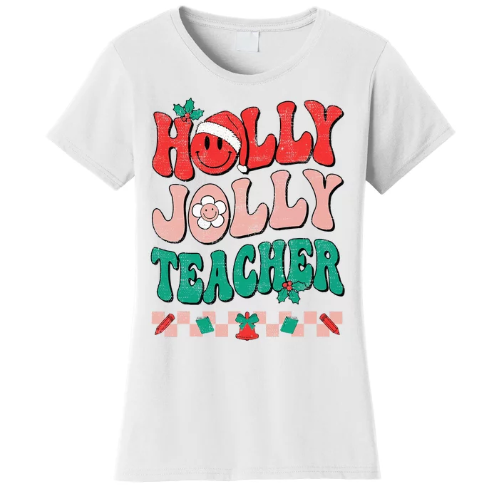 Festive Retro Holly Xmas Teacher Christmas Vibes Holiday Cheer Women's T-Shirt