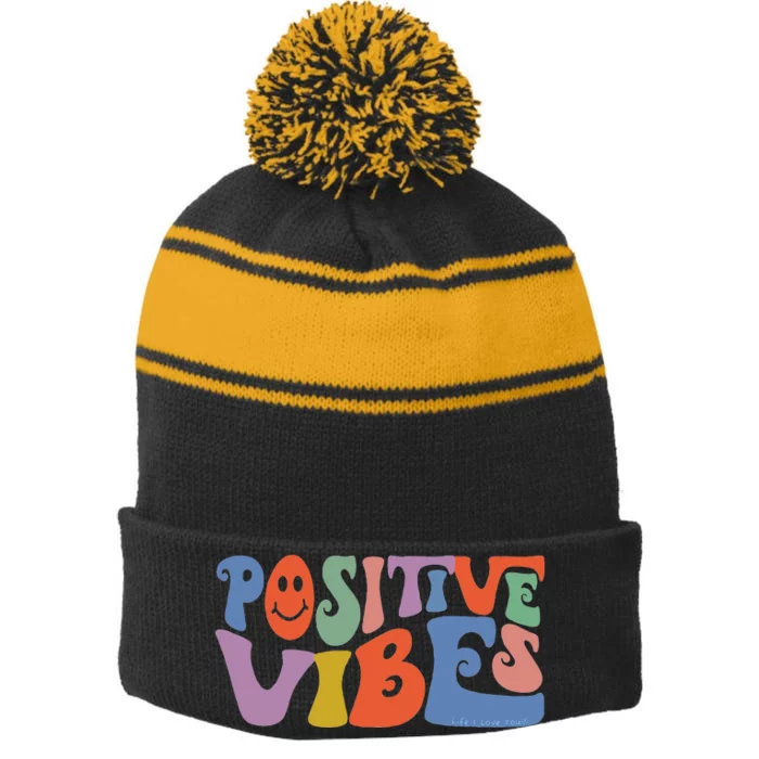 Fun Retro Hippie Inspirational Happy Positive Vibes Stripe Pom Pom Beanie