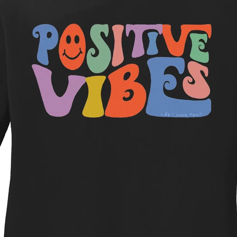 Fun Retro Hippie Inspirational Happy Positive Vibes Ladies Long Sleeve Shirt