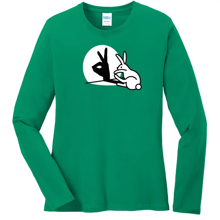 Funny Rabbit Hand Shadow Puppets Humor Pop Art Ladies Long Sleeve Shirt