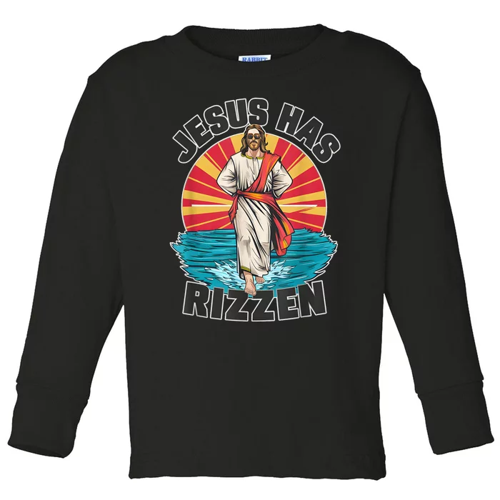 Funny Rizz He Is Rizzin Jesus High Five Easter Bunny Toddler Long Sleeve Shirt