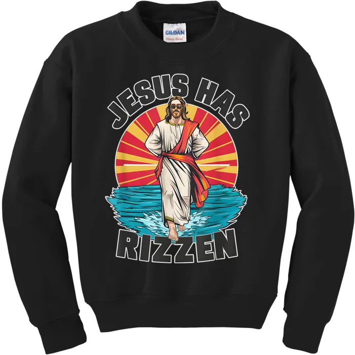 Funny Rizz He Is Rizzin Jesus High Five Easter Bunny Kids Sweatshirt