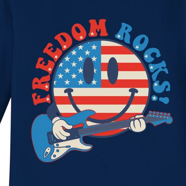 Freedom Rocks Hippie Face Rock Guitar Groovy 4th Of July Gift Baby Long Sleeve Bodysuit