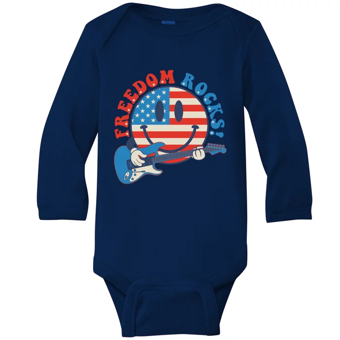 Freedom Rocks Hippie Face Rock Guitar Groovy 4th Of July Gift Baby Long Sleeve Bodysuit