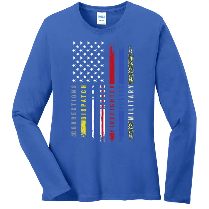 First Responders Hero Flag Nurse Ems Police Fire Military Gift Ladies Long Sleeve Shirt