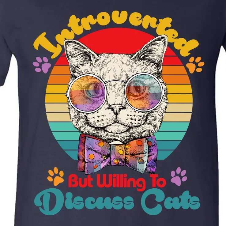 Funny Retro Hippy Hipster Glasses Cat Introverted But Willing To Discuss Cats V-Neck T-Shirt