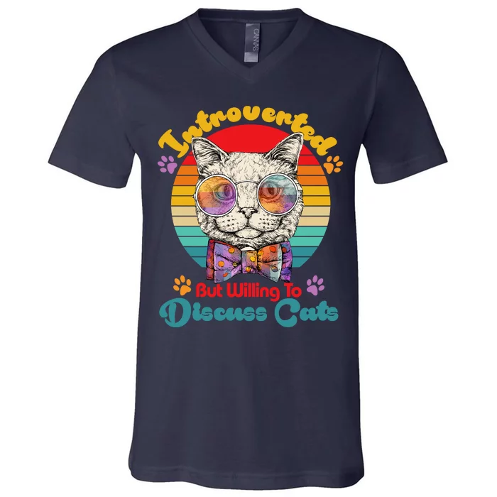 Funny Retro Hippy Hipster Glasses Cat Introverted But Willing To Discuss Cats V-Neck T-Shirt