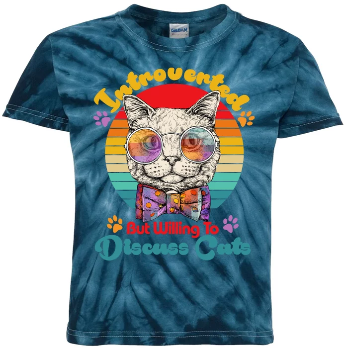 Funny Retro Hippy Hipster Glasses Cat Introverted But Willing To Discuss Cats Kids Tie-Dye T-Shirt