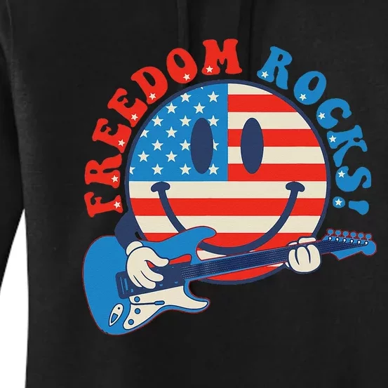 Freedom Rocks Hippie Face Rock Guitar Groovy 4th of July Women's Pullover Hoodie