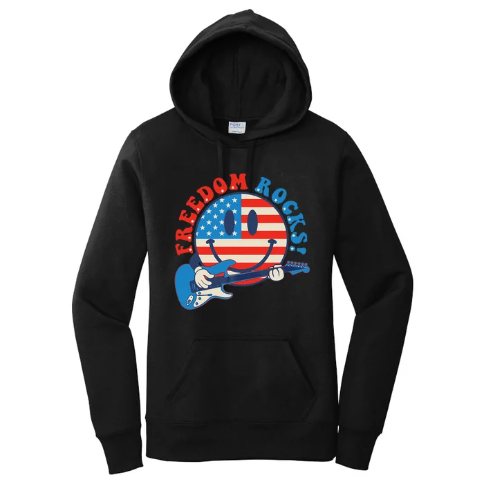 Freedom Rocks Hippie Face Rock Guitar Groovy 4th of July Women's Pullover Hoodie