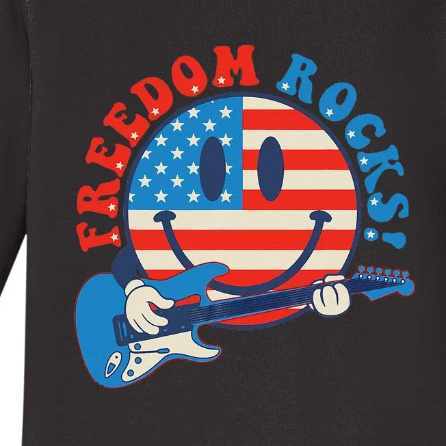 Freedom Rocks Hippie Face Rock Guitar Groovy 4th of July Baby Long Sleeve Bodysuit