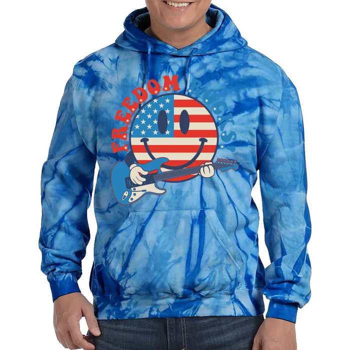 Freedom Rocks Hippie Face Rock Guitar Groovy 4th Of July Gift Tie Dye Hoodie