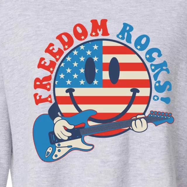 Freedom Rocks Hippie Face Rock Guitar Groovy 4th Of July Gift Cropped Pullover Crew