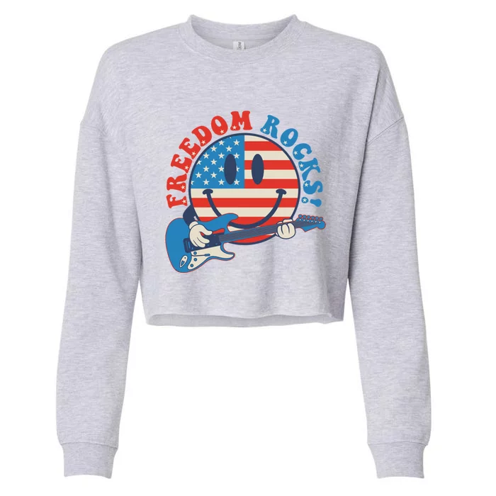 Freedom Rocks Hippie Face Rock Guitar Groovy 4th Of July Gift Cropped Pullover Crew