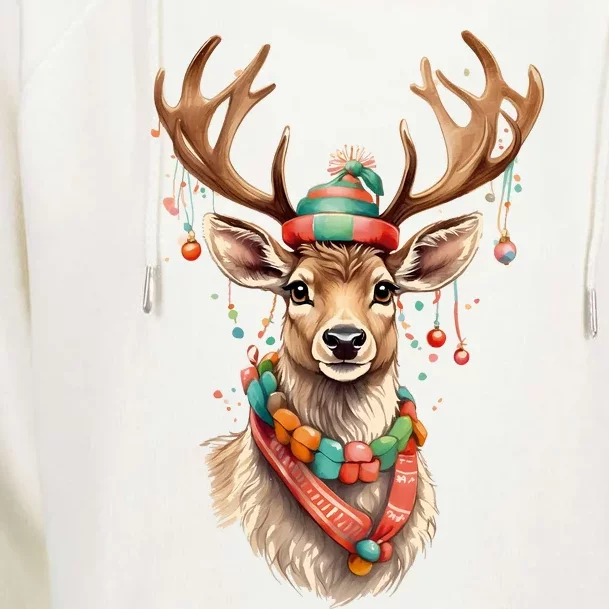 Festive Reindeer Holiday Womens Funnel Neck Pullover Hood