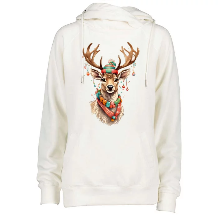 Festive Reindeer Holiday Womens Funnel Neck Pullover Hood