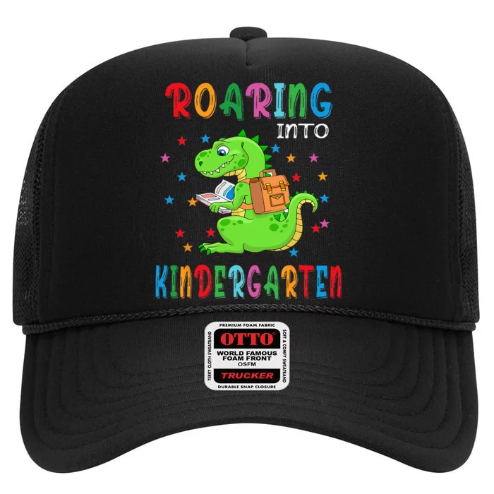 Funny Roaring Into Kindergarten Funny Back To The School High Crown Mesh Trucker Hat