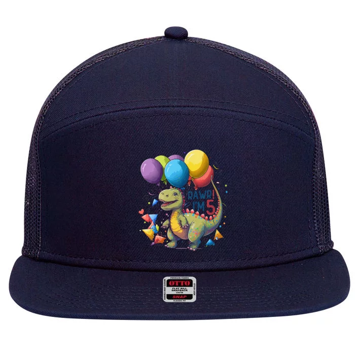 Funny Rawr Im 5 T Rex Dinosaur 5th Birthday Dinosaur Party 7 Panel Mesh Trucker Snapback Hat