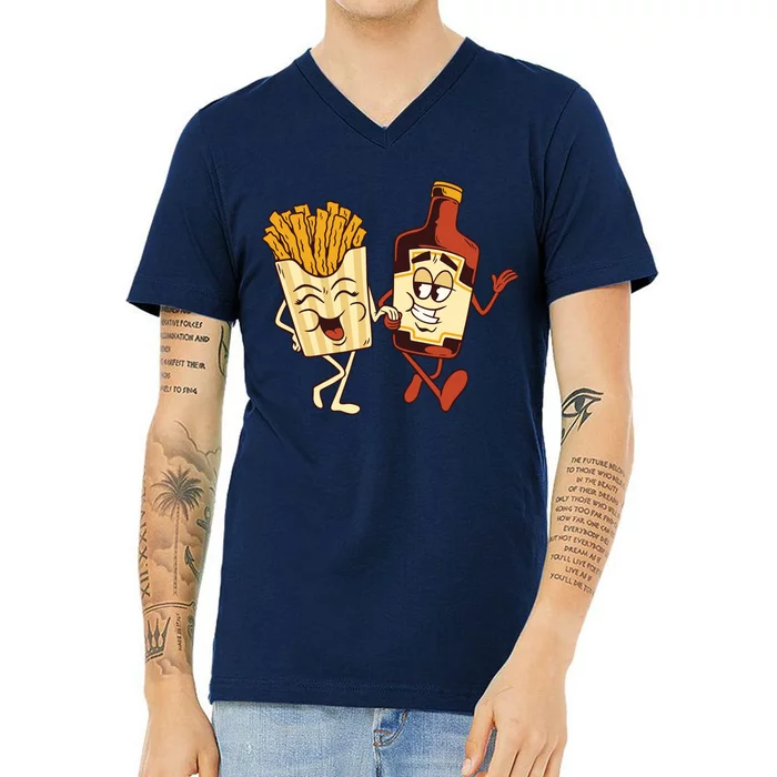 Fries And Ketchup Couple V-Neck T-Shirt