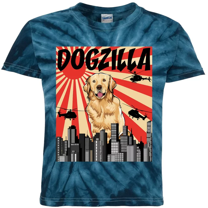 Funny Retro Japanese Dogzilla Golden Retriever Kids Tie-Dye T-Shirt