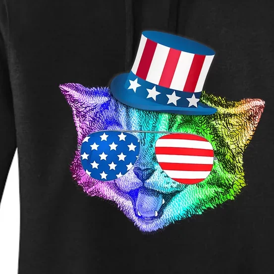 Funny Rainbow Kitty Cat Patriotic 4th Of July American Flag Women's Pullover Hoodie