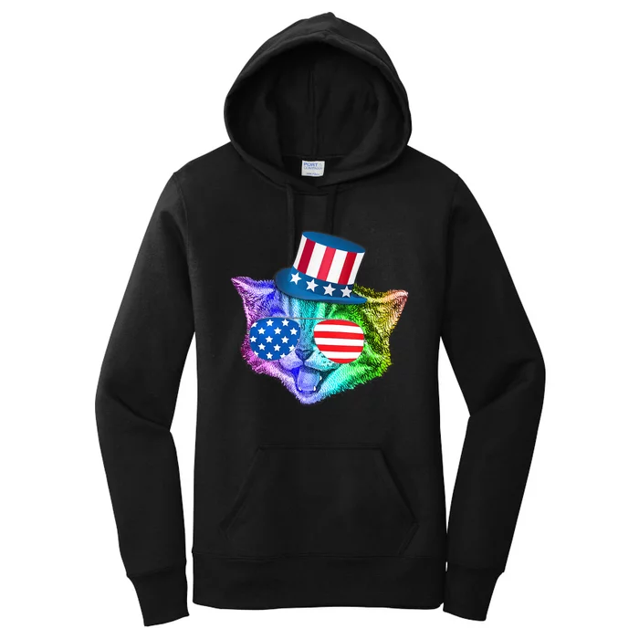 Funny Rainbow Kitty Cat Patriotic 4th Of July American Flag Women's Pullover Hoodie