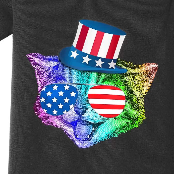 Funny Rainbow Kitty Cat Patriotic 4th Of July American Flag Baby Bodysuit