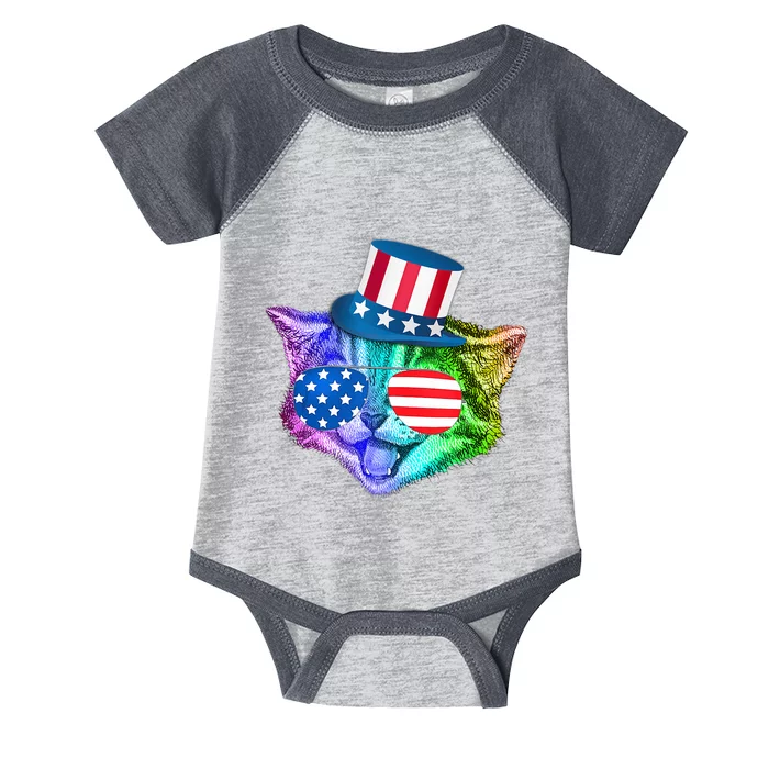 Funny Rainbow Kitty Cat Patriotic 4th Of July American Flag Infant Baby Jersey Bodysuit