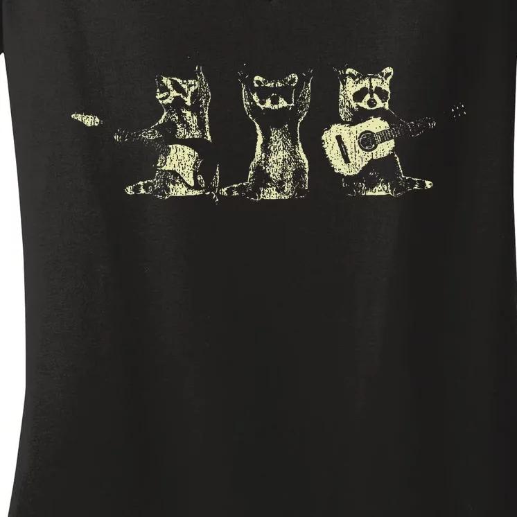 Funny Raccoon Music Band Electric Acoustic Guitar Racoons Women's V-Neck T-Shirt