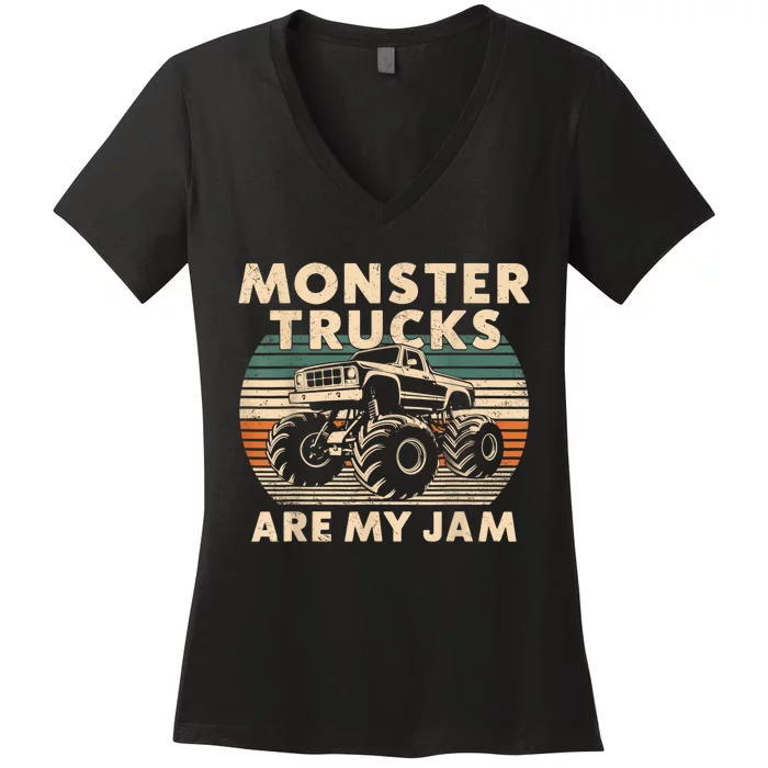 Funny Retro Monster Trucks Are My Jam Gift Women's V-Neck T-Shirt