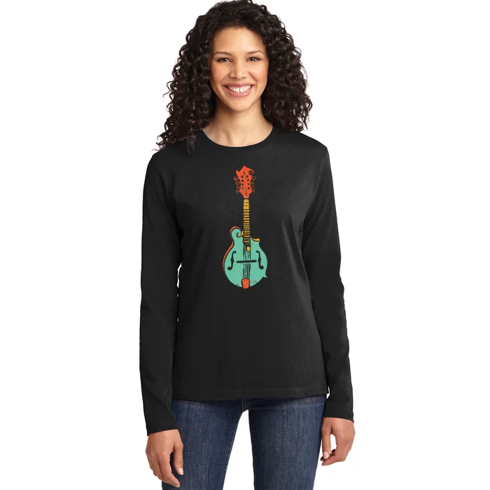 Funky Retro Mandolin Minimalist String Instrument Graphic Ladies Long Sleeve Shirt