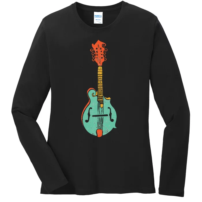 Funky Retro Mandolin Minimalist String Instrument Graphic Ladies Long Sleeve Shirt