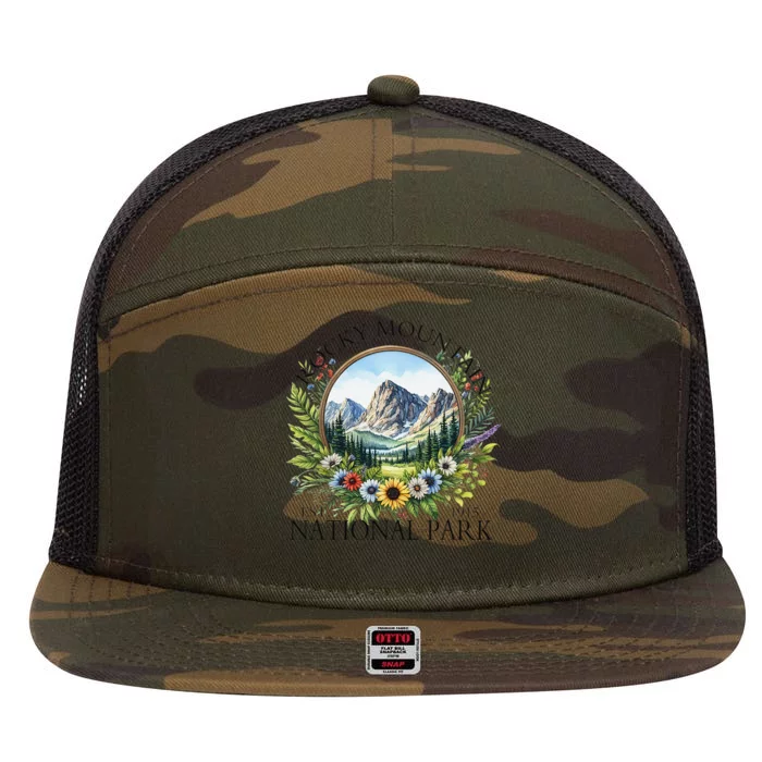 Floral Rocky Mountain National Park Hiking Camping Outdoor 7 Panel Mesh Trucker Snapback Hat