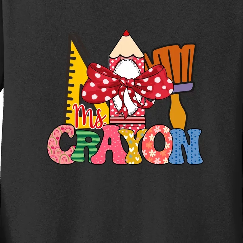 Funny Rainbow Ms. Crayon 100th Day Of School Crayon 100 For Teacher Or Child Kids Long Sleeve Shirt