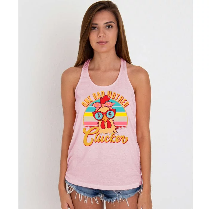 Funny Retro Mothers Day One Bad Mother Clucker Chicken Women's Knotted Racerback Tank