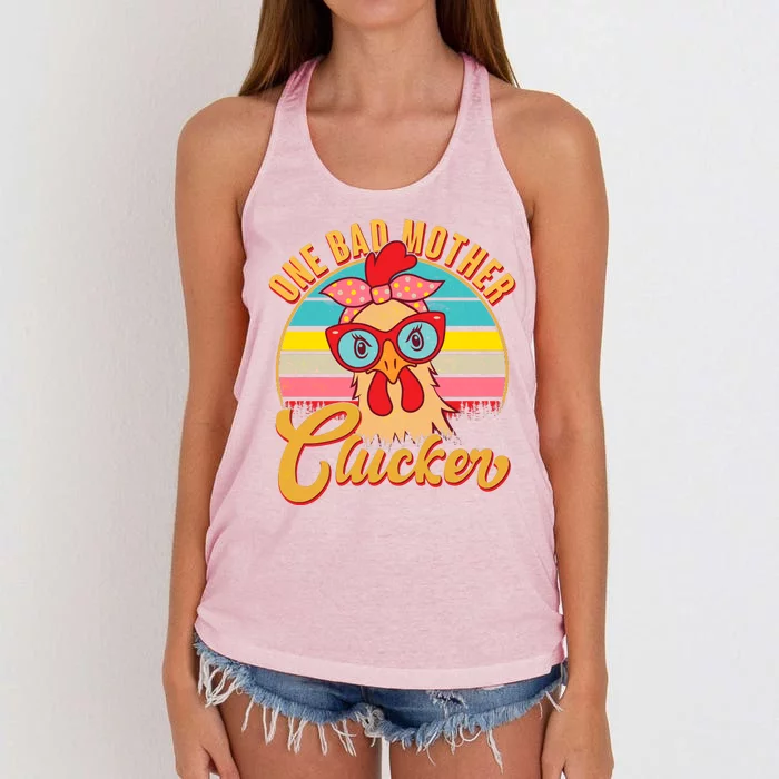 Funny Retro Mothers Day One Bad Mother Clucker Chicken Women's Knotted Racerback Tank