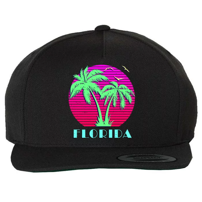 Florida Retro Neon Palm Trees Sunset Wool Snapback Cap