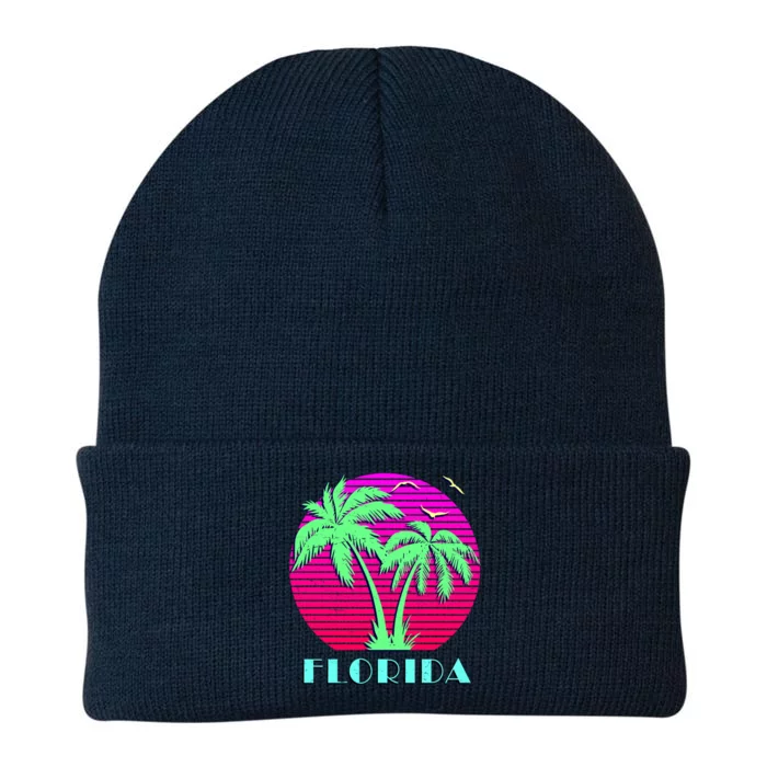 Florida Retro Neon Palm Trees Sunset Knit Cap Winter Beanie