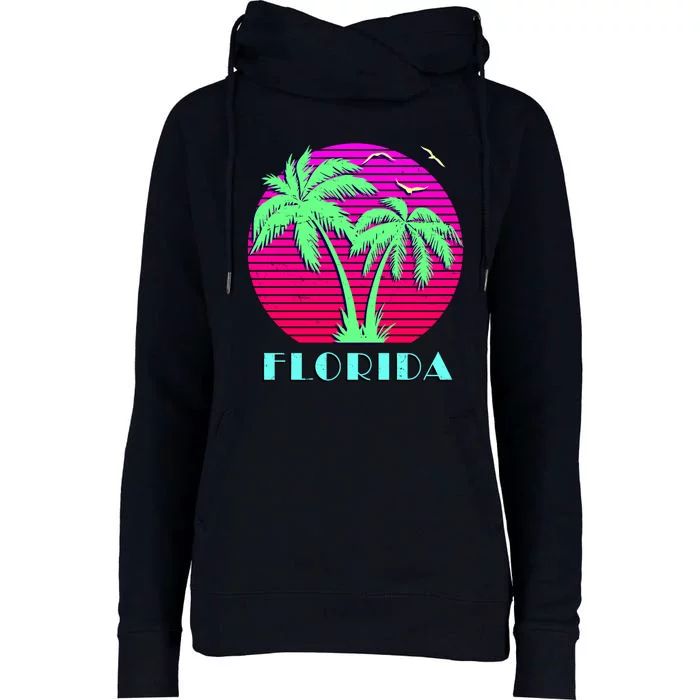 Florida Retro Neon Palm Trees Sunset Womens Funnel Neck Pullover Hood