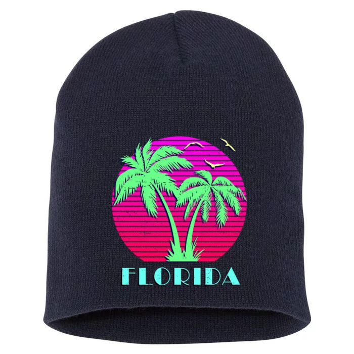 Florida Retro Neon Palm Trees Sunset Short Acrylic Beanie