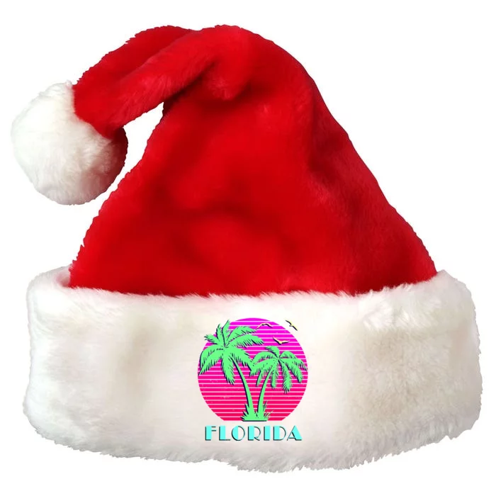 Florida Retro Neon Palm Trees Sunset Premium Christmas Santa Hat