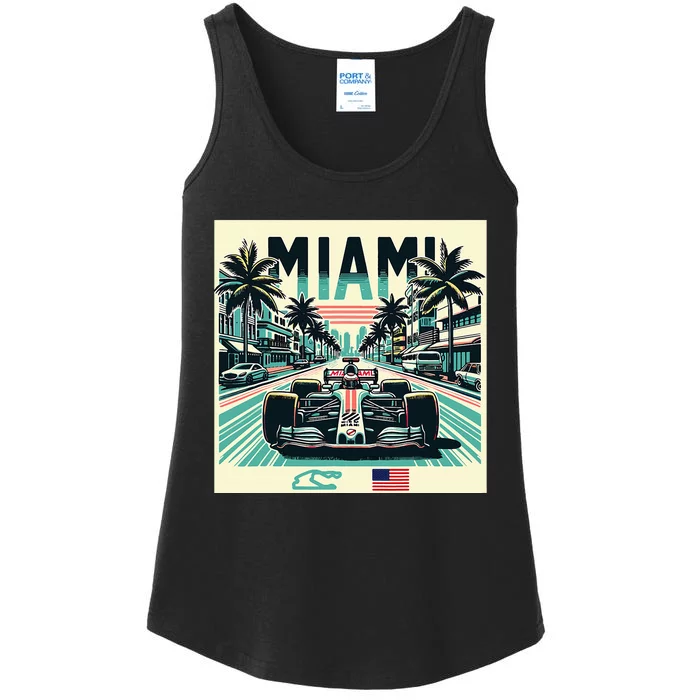 Formula Racing Open Wheel Car Retro Miami Circuit Usa Flag Ladies Essential Tank