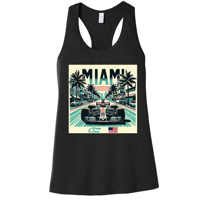 Formula Racing Open Wheel Car Retro Miami Circuit Usa Flag Women's Racerback Tank