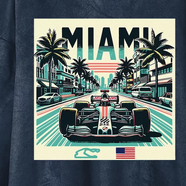 Formula Racing Open Wheel Car Retro Miami Circuit Usa Flag Hooded Wearable Blanket