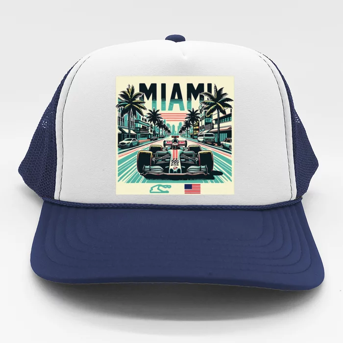 Formula Racing Open Wheel Car Retro Miami Circuit Usa Flag Trucker Hat